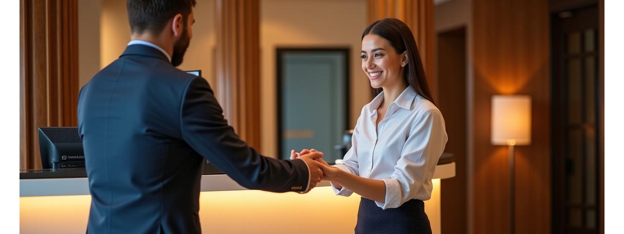 Ein freundlicher Hotelmitarbeiter empfängt einen Gast an der Rezeption des Alpenblick Hotels